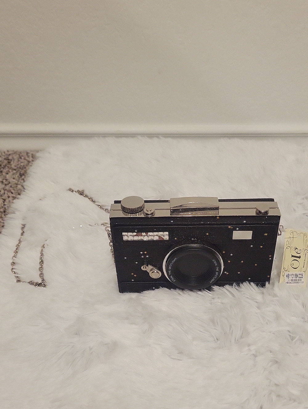 Black Camera-Shaped Crossbody Purse with Silver Hardware
